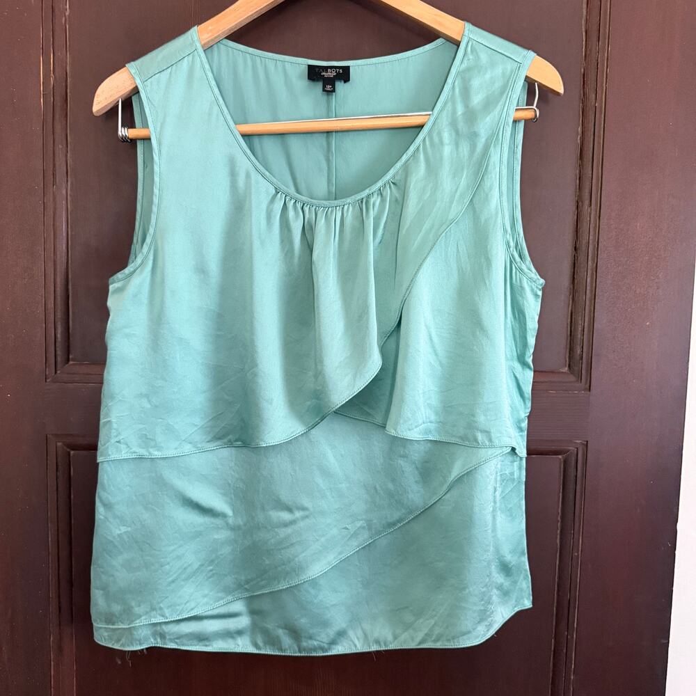 TALBOTS | 100% Silk Teal Turquoise Ruffle Front Sleeveless Shell | 12 Petite